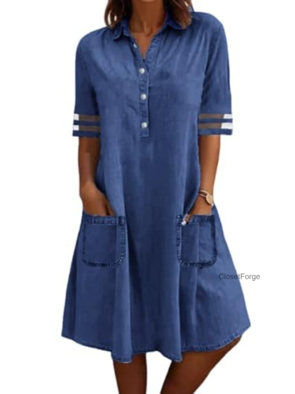 Denim Midi Dress with Pockets Casual Button Jean Dress